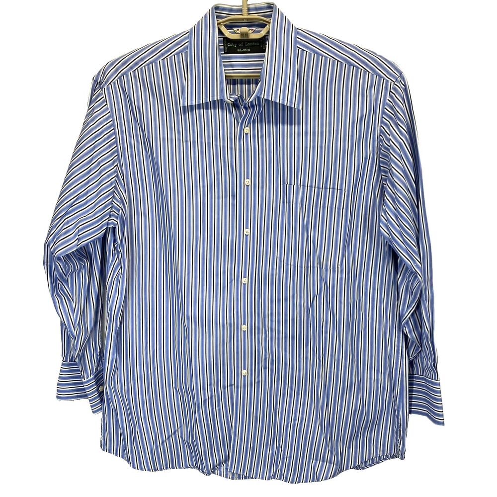 City Of London Men's 16.5 32/33 (34) Blue Striped Button Up Long Sleeve Shirt